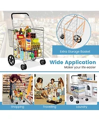 Sugift Folding Shopping Cart with Swiveling Wheels and Dual Storage Baskets