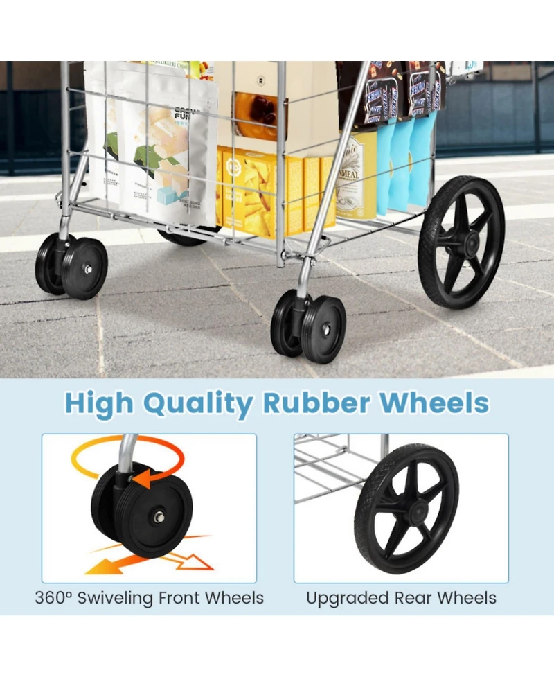 Sugift Folding Shopping Cart with Swiveling Wheels and Dual Storage Baskets