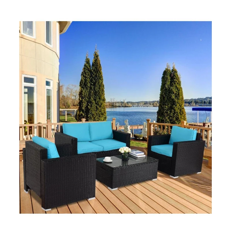 Slickblue 4PC Rattan Patio Furniture Set Outdoor Wicker With Blue Cushion