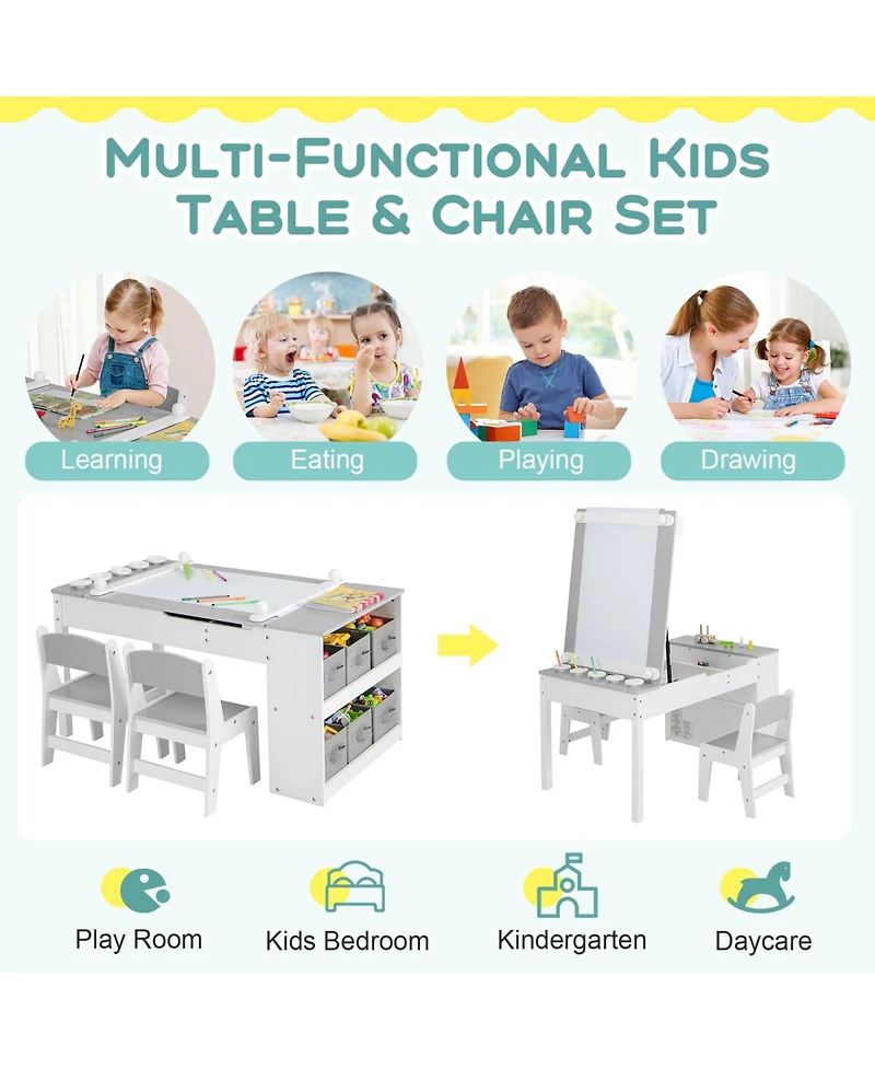 Slickblue 2-in-1 Kids Wooden Art Table and Art Easel Set with Chairs Storage Bins Paper Roll