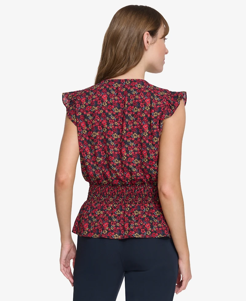 Tommy Hilfiger Women's Printed Smocked Cap-Sleeve Top