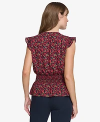 Tommy Hilfiger Women's Printed Smocked Cap-Sleeve Top