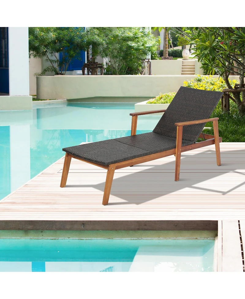 Gymax Adjustable Patio Rattan Lounge Chair Recliner Outdoor Chaise Acacia Wood Frame