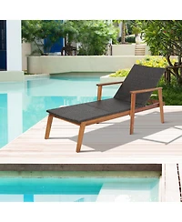 Gymax Adjustable Patio Rattan Lounge Chair Recliner Outdoor Chaise Acacia Wood Frame