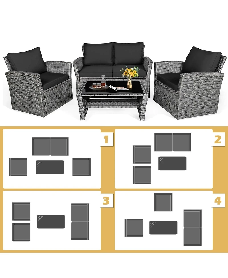 Slickblue 4 Pieces Patio Rattan Furniture Set Sofa Table with Storage Shelf Cushion