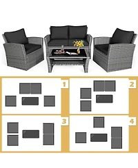 Slickblue 4 Pieces Patio Rattan Furniture Set Sofa Table with Storage Shelf Cushion