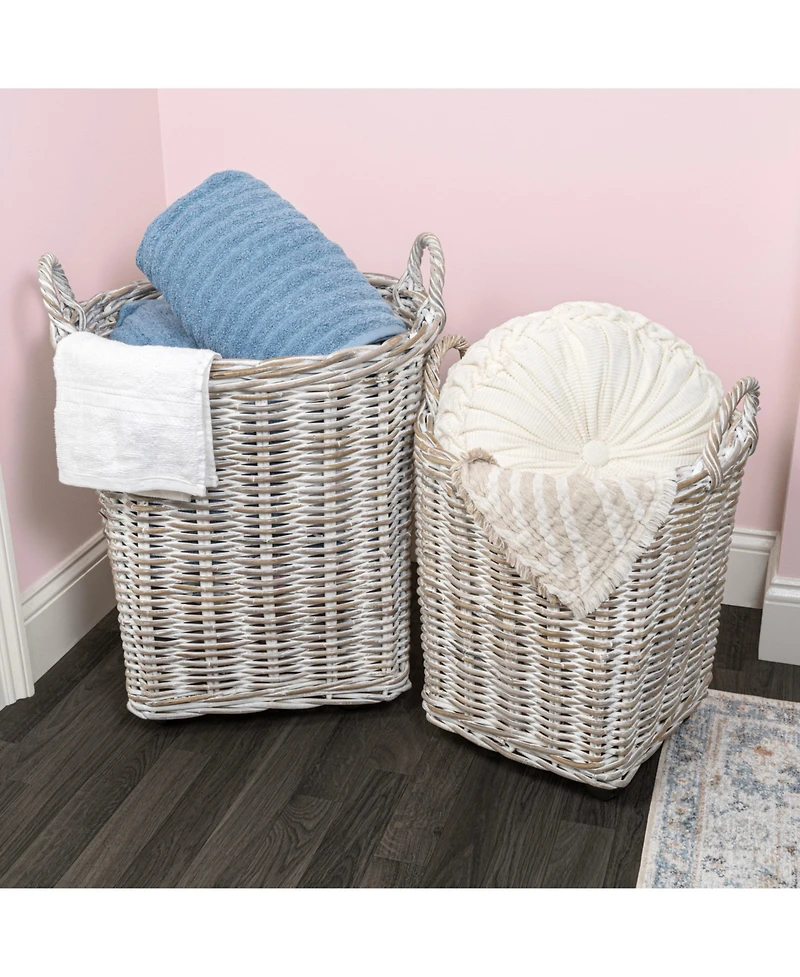 Jonathan Y Arbour Rustic Hand-Woven Rattan Nesting Baskets with Wheels and Handles, White Wash/Kubu Gray (Set of 2)