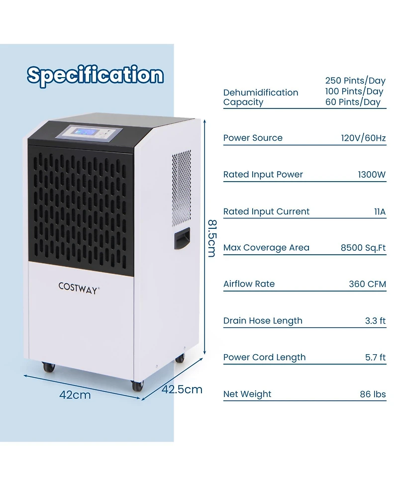 Slickblue 250 Pints Commercial Dehumidifier with Drain Hose Large Spaces up to 8500 Sq.Ft-White