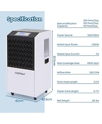 Slickblue 250 Pints Commercial Dehumidifier with Drain Hose Large Spaces up to 8500 Sq.Ft-White