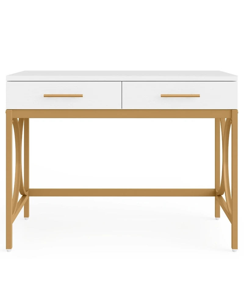 Tribesigns Computer Desk with Two Drawers, Modern Study Writing Desk with Storage, Makeup Vanity Table Office Desk with Gold Metal Frame for Home Offi