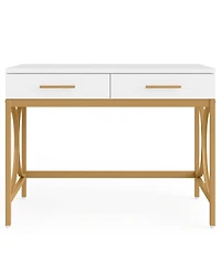 Tribesigns Computer Desk with Two Drawers, Modern Study Writing Desk with Storage, Makeup Vanity Table Office Desk with Gold Metal Frame for Home Offi