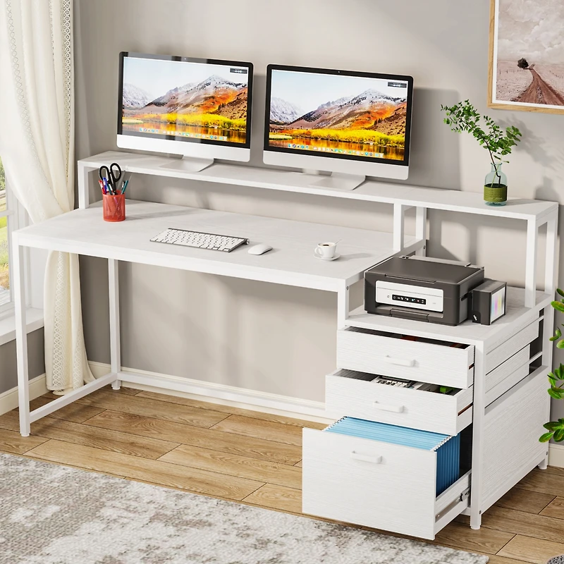 Tribesigns 63 Inch Computer Desk with File Drawer Cabinet, Ergonomic Office Monitor Stand, Table Printer Space, Wood Pc