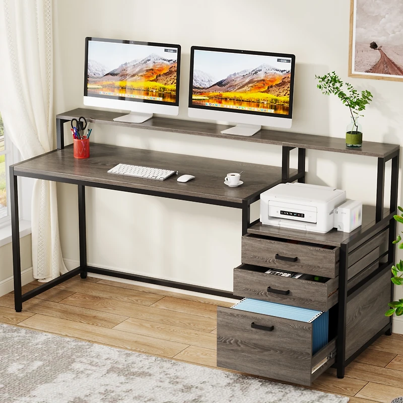 Tribesigns 63 Inch Computer Desk with File Drawer Cabinet, Ergonomic Office Monitor Stand, Table Printer Space, Wood Pc