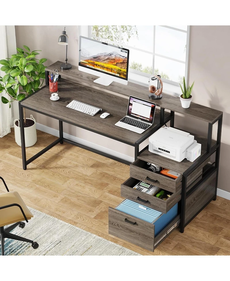Tribesigns 63 Inch Computer Desk with File Drawer Cabinet, Ergonomic Office Monitor Stand, Table Printer Space, Wood Pc