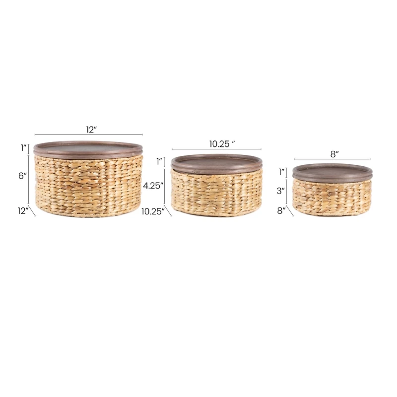 Jonathan Y Gouda Southwestern Hand-Woven Hyacinth Circular Nesting Baskets with Wood Lids, Natural (Set of 3)