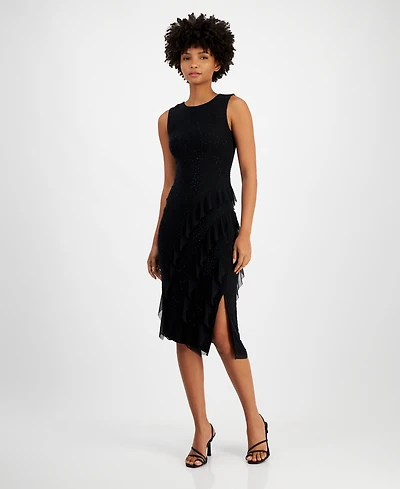 Tinsel Juniors' Round-Neck Studded Asymmetric-Ruffle Dress