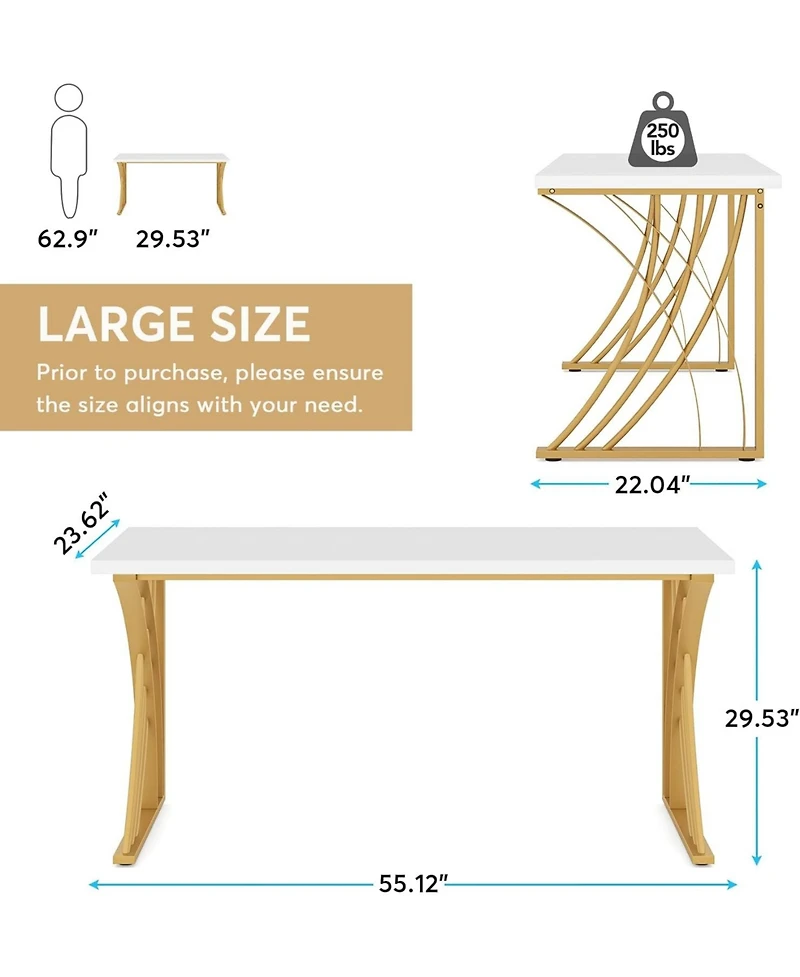 Tribesigns 55 Large Modern Computer Desk, White & Gold Luxury Laptop Pc Student Table, Makeup Vanity Table, Sturdy Writing Workstation