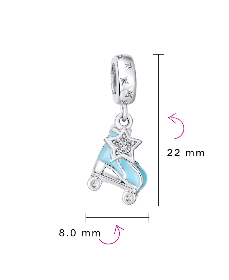 Bling Jewelry Sport Roller Rink Star Dangling Blue Roller Skates Bead Fits European Charm Bracelet Enamel Sterling Silver