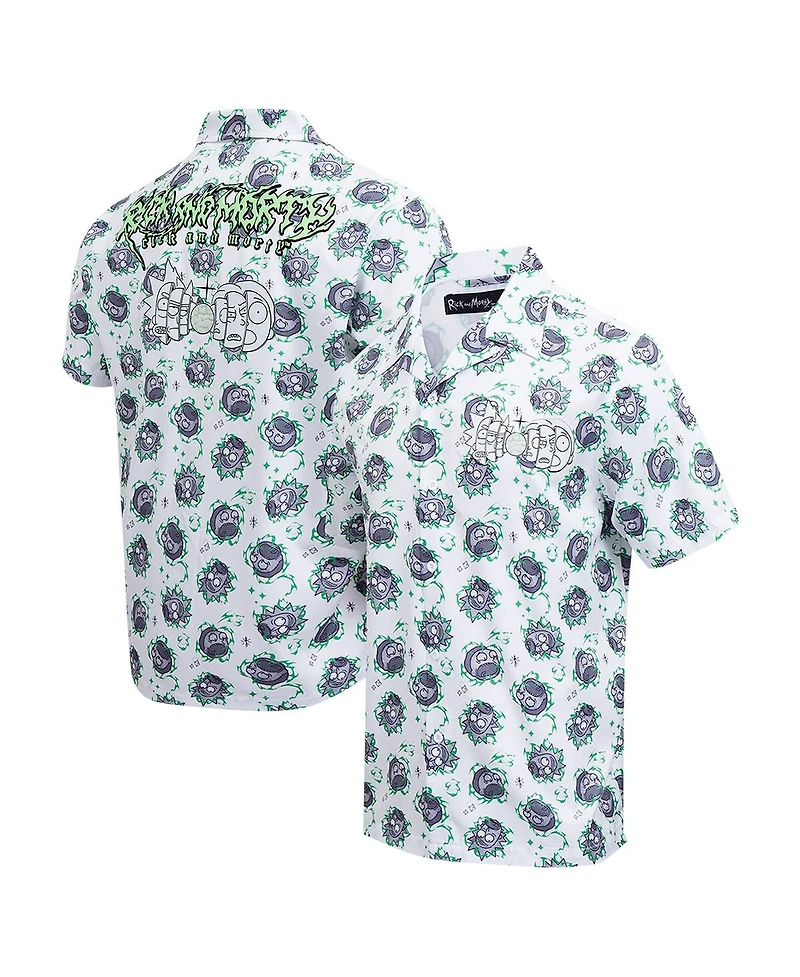 Freeze Max Men's White Rick and Morty 90's Rave Rickvival Showing Brain Button-Up Shirt
