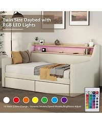 Simplie Fun Twin Daybed with Storage, Charging Station, Led Lights, and Bronze Nailhead Trim