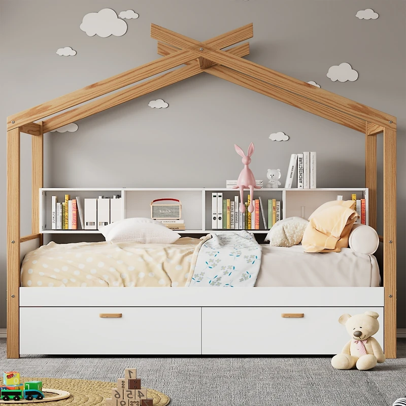 Streamdale Whimsical House Bed with Drawers and Bookshelves