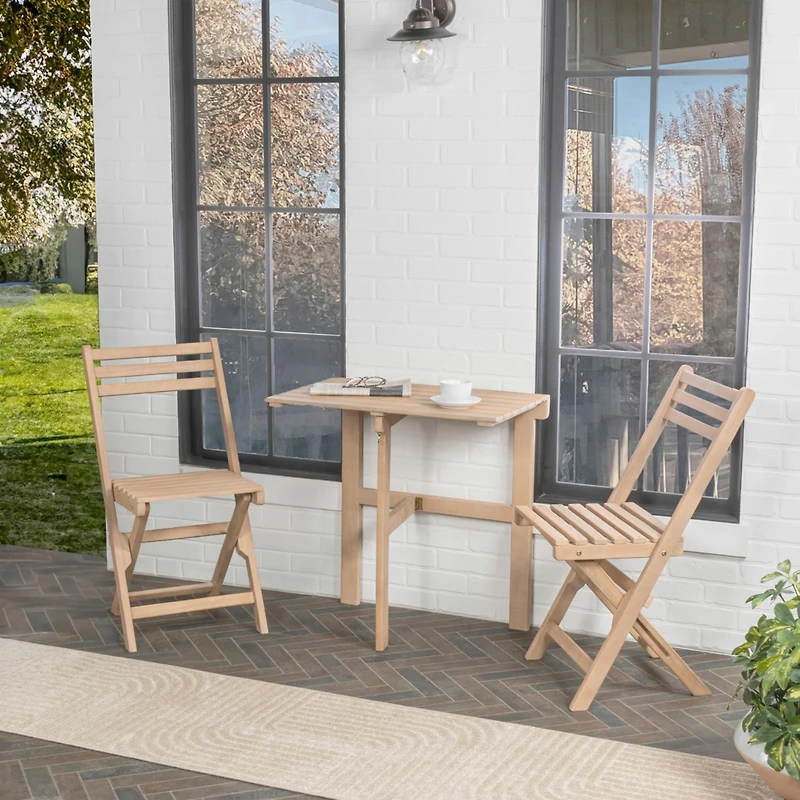 Jonathan Y Nerja Modern Traditional 3-Piece Acacia Wood Half-Rectangular Outdoor Folding Bistro Set, Light Teak