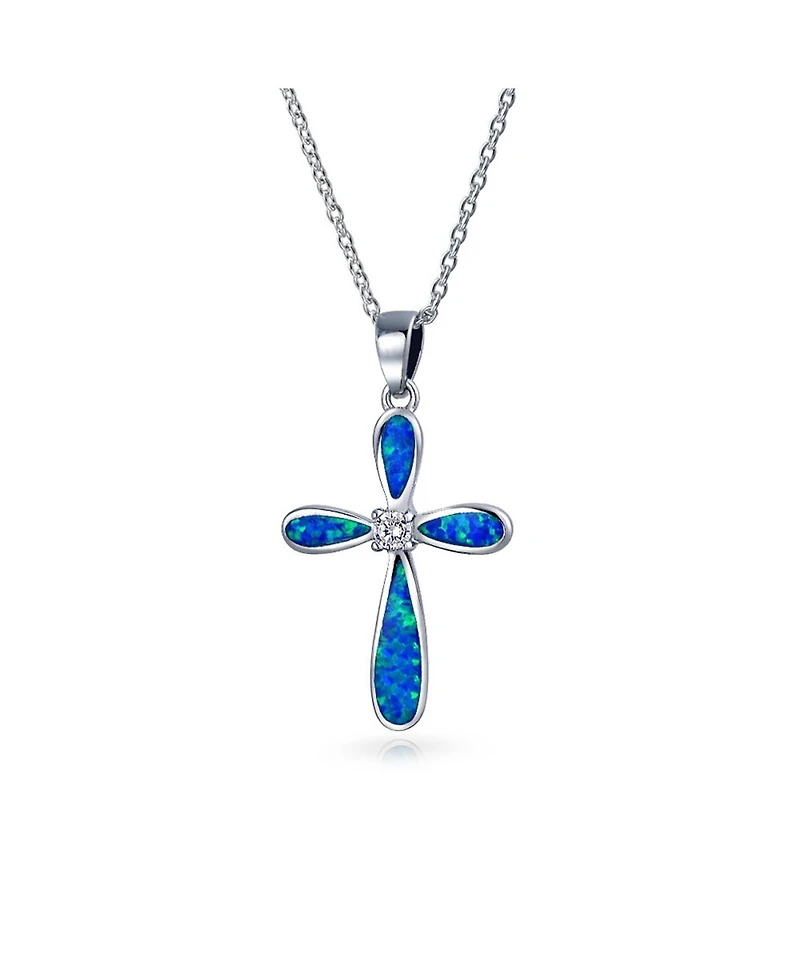Bling Jewelry Religious Faith Hope Love Cz Accent Created Blue Synthetic Opal Cross Pendant Necklace Sterling Silver