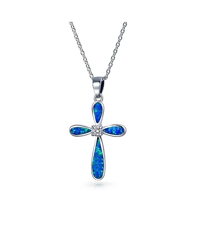 Bling Jewelry Religious Faith Hope Love Cz Accent Created Blue Synthetic Opal Cross Pendant Necklace Sterling Silver