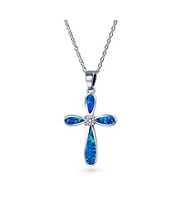 Bling Jewelry Religious Faith Hope Love Cz Accent Created Blue Synthetic Opal Cross Pendant Necklace Sterling Silver
