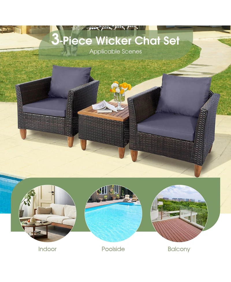 Slickblue 3 Pieces Patio Rattan Bistro Furniture Set with Wooden Table Top