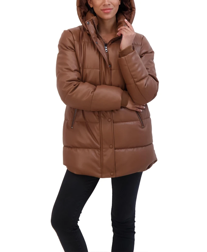 Sebby Collection Women's Faux Leather 3/4 Puffer Jacket With Hood