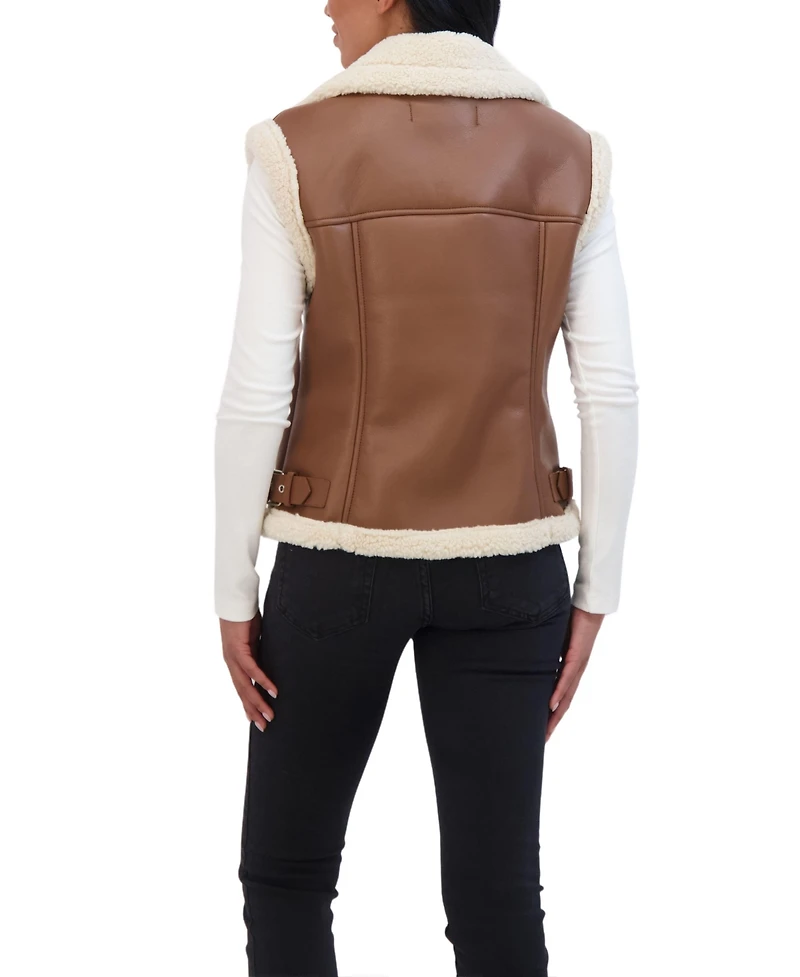 Sebby Collection Women's Moto Zip Front Faux Leather Shearling Vest