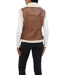 Sebby Collection Women's Moto Zip Front Faux Leather Shearling Vest