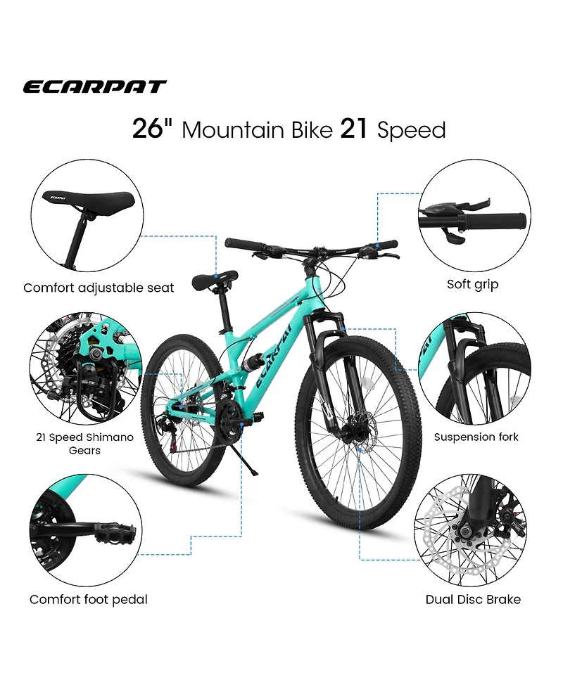 Streamdale Furniture 26" Aluminum Mountain Bike with 21-Speeds, Shock Absorption, and Disc Brakes