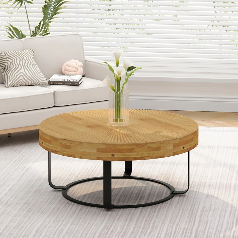 Streamdale Modern Round Coffee Table with Carved Pine Top and Metal Legs