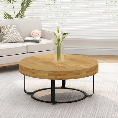 Streamdale Modern Round Coffee Table with Carved Pine Top and Metal Legs