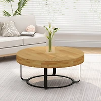 Streamdale Modern Round Coffee Table with Carved Pine Top and Metal Legs