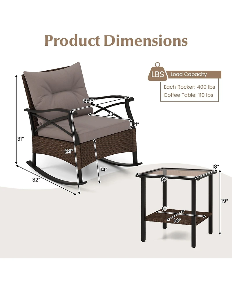 Slickblue 3-Piece Outdoor Rattan Rocking Chairs Set with 2-Tier Side Table for Garden and Backyard