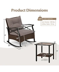 Slickblue 3-Piece Outdoor Rattan Rocking Chairs Set with 2-Tier Side Table for Garden and Backyard