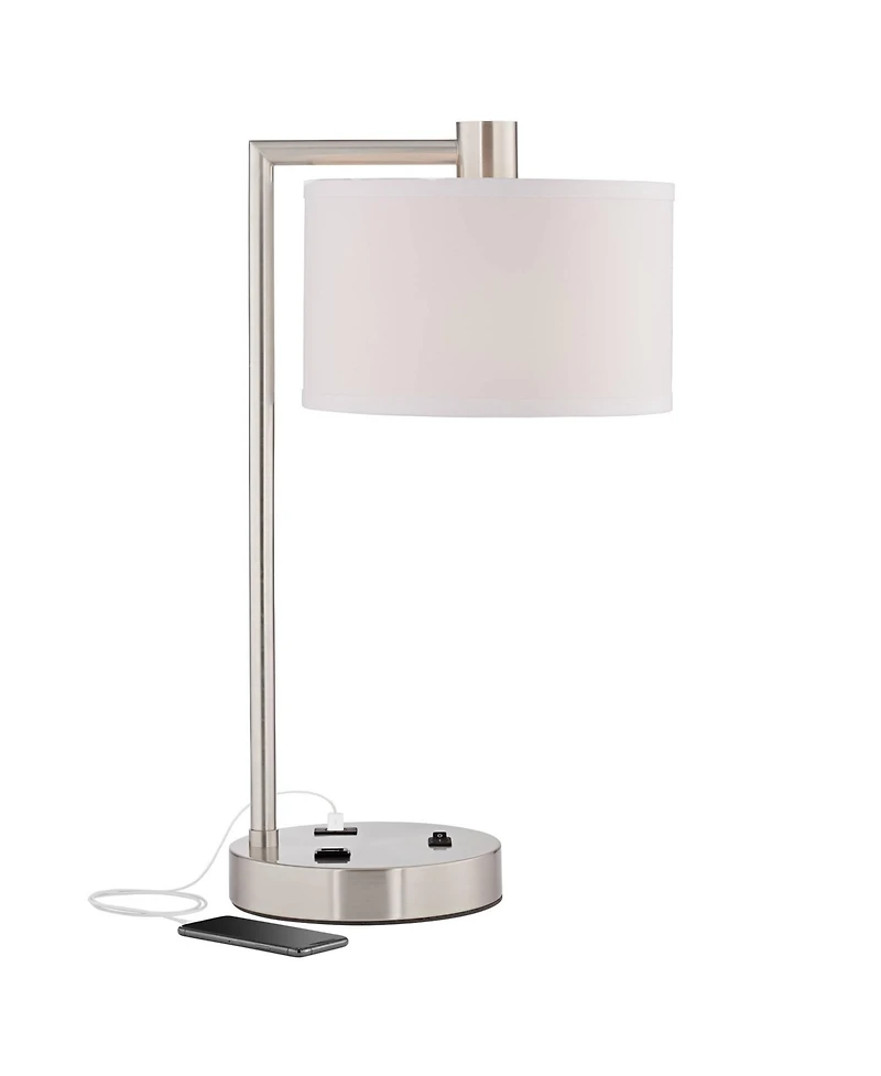 Colby Modern Desk Table Lamp with Hotel Style Usb and Ac Power Outlet in Base 21" High Brushed Nickel White Linen Drum Shade for Living Room Bedr
