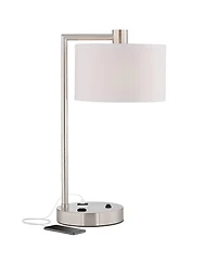 Colby Modern Desk Table Lamp with Hotel Style Usb and Ac Power Outlet in Base 21" High Brushed Nickel White Linen Drum Shade for Living Room Bedr