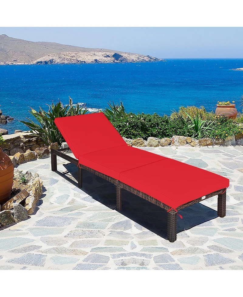 Gymax 2PCS Adjustable Patio Rattan Chaise Lounge Chair Recliner Outdoor w/ Red Cushion