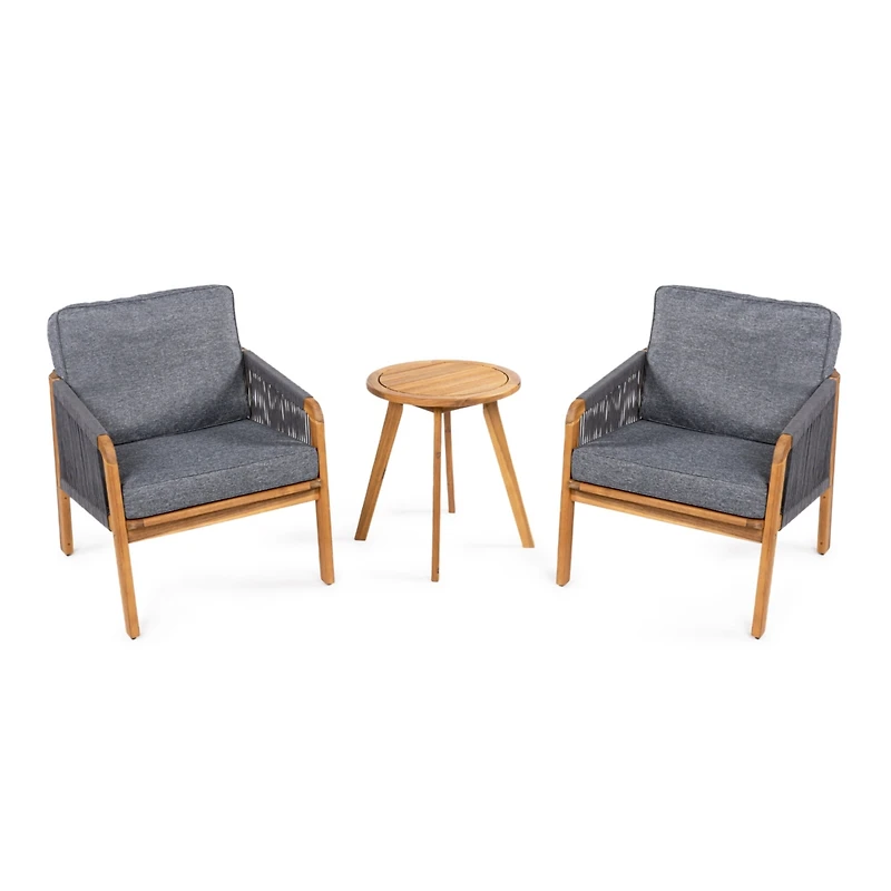 Jonathan Y Aveiro 3-Piece Modern Bohemian Roped Acacia Wood Conversation Outdoor Patio Set with Cushions, Gray/Teak Brown