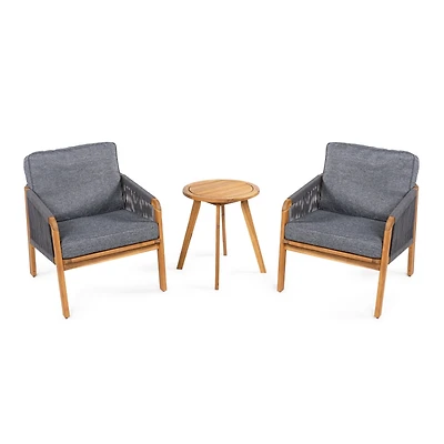 Jonathan Y Aveiro 3-Piece Modern Bohemian Roped Acacia Wood Conversation Outdoor Patio Set with Cushions, Gray/Teak Brown