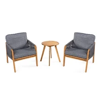 Jonathan Y Aveiro 3-Piece Modern Bohemian Roped Acacia Wood Conversation Outdoor Patio Set with Cushions, Gray/Teak Brown