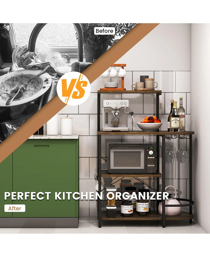 Costway Kitchen Bakers Rack Microwave Stand Coffee Bar w/ S-Hooks & Stemware Holder