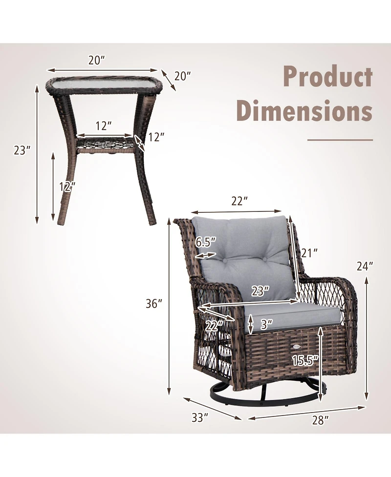 Slickblue 3 Pieces Outdoor Swivel Rocker Set with Small Side Table-Grey