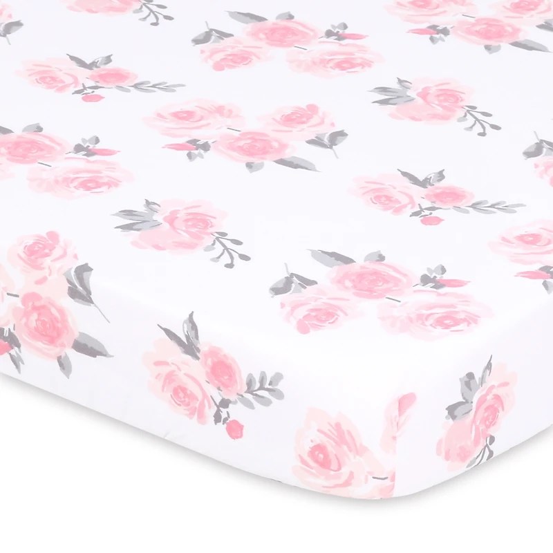 The Peanutshell Pack n Play, Mini Crib, Portable Crib or Fitted Playard Sheets for Baby Girl, Pink Roses and Ditsy Floral, 3 Pack Set