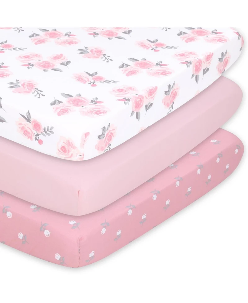 The Peanutshell Pack n Play, Mini Crib, Portable Crib or Fitted Playard Sheets for Baby Girl, Pink Roses and Ditsy Floral, 3 Pack Set