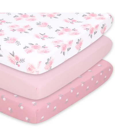 The Peanutshell Pack n Play, Mini Crib, Portable Crib or Fitted Playard Sheets for Baby Girl, Pink Roses and Ditsy Floral, 3 Pack Set